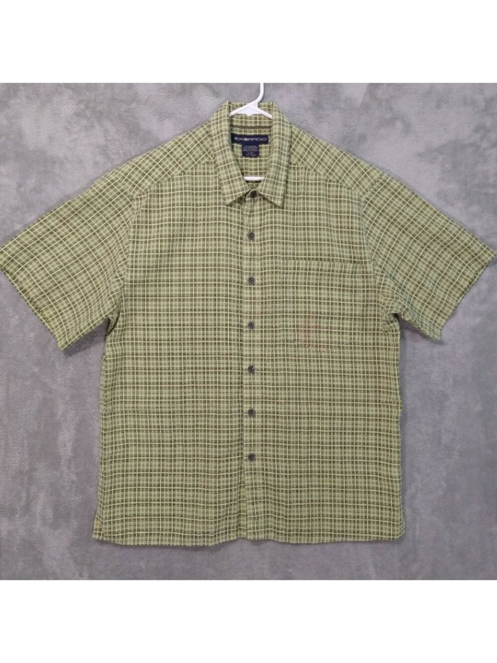 Exofficio Shirt Mens Large Green Plaid Seersucker Short Sleeve Outdoor Fishing